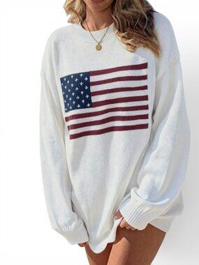 Oversized USA Flag Sweater Cream Lightweight Knit Pullover Size L
